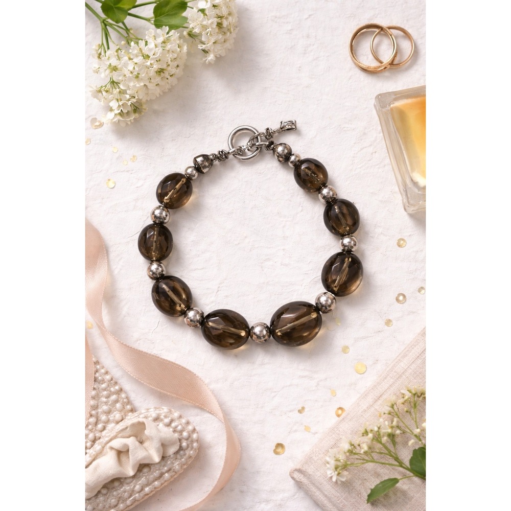 Smoky Quartz Sterling Silver 925 Beaded Toggle Bracelet Brown Stone 8.5 Inch‎